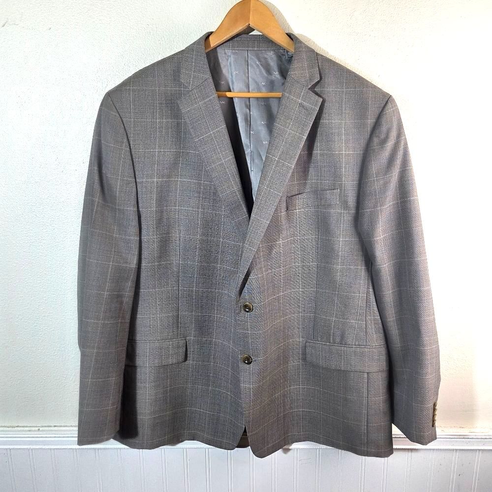 Men's Michael Kors Taupe Two Button Checkered Work Career Blazer Jacket Size 50R